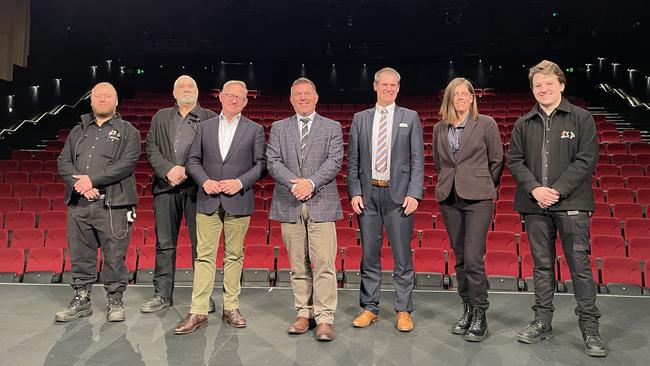 Member for Dubbo Dugald Saunders, Minister for the Arts Ben Franklin, Dubbo Mayor Mathew Dickerson, with Dubbo Regional Theatre staff Nathan Exelby, David Brown, Tiffany Rowland, and Kevin Comber. Picture: Supplied