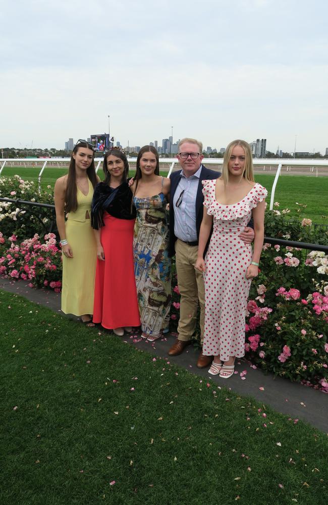 Dominic, Nicole, Zoe, Poppy, and India at Seppelt Wines Stakes Day 2024 at Flemington Racecourse. Picture: Gemma Scerri