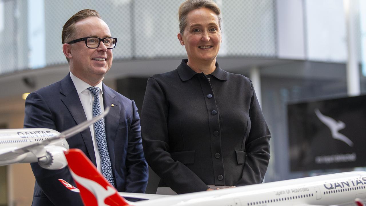 Qantas CEO Alan Joyce with CEO-designate Vanessa Hudson. Picture: NCA NewsWire / Christian Gilles