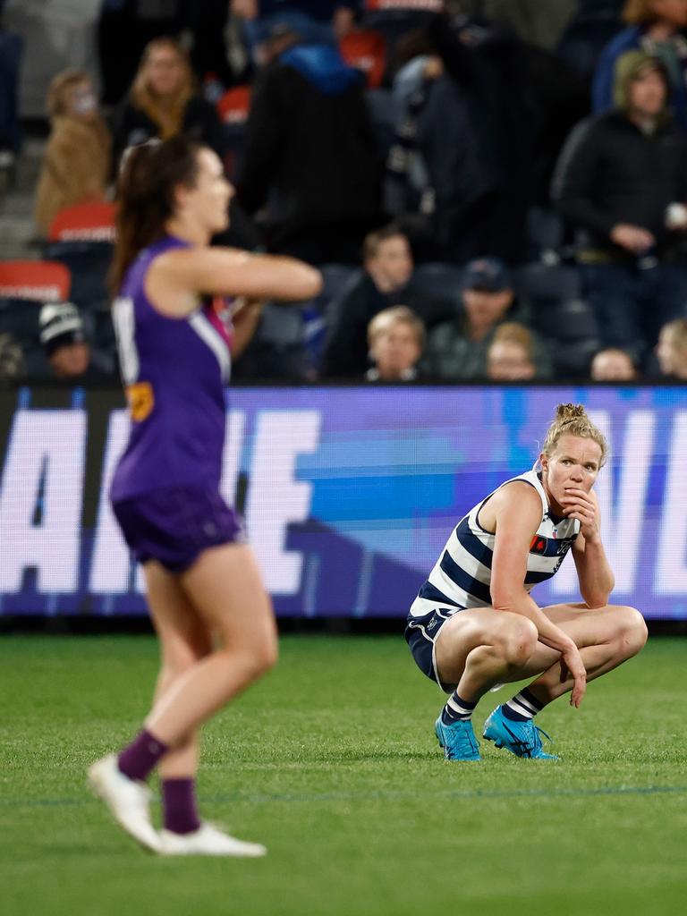 Geelong’s Kate Darby looks dejected after a loss to Fremantle. Picture: Michael Willson/AFL Photos via Getty Images