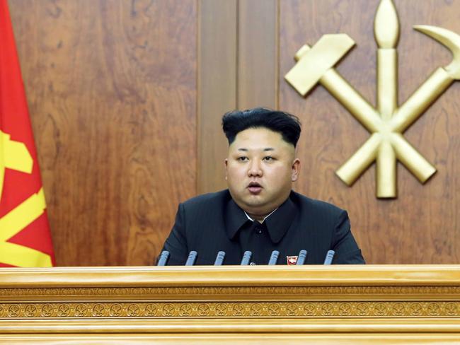 This picture taken on January 1, 2015 and released on January 4 by North Korea's official Korean Central News Agency (KCNA) shows North Korean leader Kim Jong-Un delivering a New Year address in Pyongyang. REPUBLIC OF KOREA OUT AFP PHOTO / KCNA via KNS AFP PHOTO / KCNA via KNS REPUBLIC OF KOREA OUT THIS PICTURE WAS MADE AVAILABLE BY A THIRD PARTY. AFP CAN NOT INDEPENDENTLY VERIFY THE AUTHENTICITY, LOCATION, DATE AND CONTENT OF THIS IMAGE. THIS PHOTO IS DISTRIBUTED EXACTLY AS RECEIVED BY AFP. ---EDITORS NOTE--- RESTRICTED TO EDITORIAL USE - MANDATORY CREDIT "AFP PHOTO / KCNA VIA KNS" - NO MARKETING NO ADVERTISING CAMPAIGNS - DISTRIBUTED AS A SERVICE TO CLIENTS