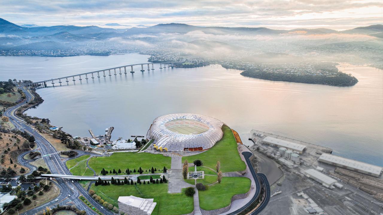 Mac Point 2.0 Stadium aerial view. Design from Stadia Precinct consortia for the proposed AFL stadium at Macquarie Point Hobart. Picture: Solutions Won