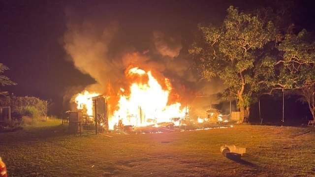 A fire destroyed a shed and most of the household possessions Katya Galley had stored in it while their house on their West Plane Creek Rd undergoes renovations. The fire broke out about 2.45am on Monday, June 20, 2022. Picture: Katya Galley