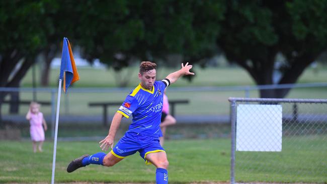 Gympie United Gladiators vs Tallebudgera Valley Tigers - Billy Bayldon sends in a corner kick.  Picture: Shane Zahner