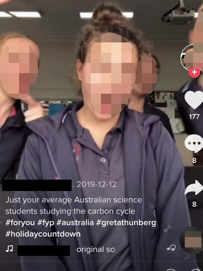 TikTok screengrabs of Australian school aged students recording and uploading during school hours and on school grounds using the hashtag #freeperiod. Picture: Various TikTok Accounts