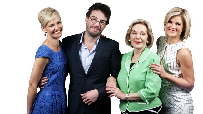 Sarah Harris (at right) with Studio 10 co-hosts Jessica Rowe, Joe Hildebrand and Ita Buttrose.