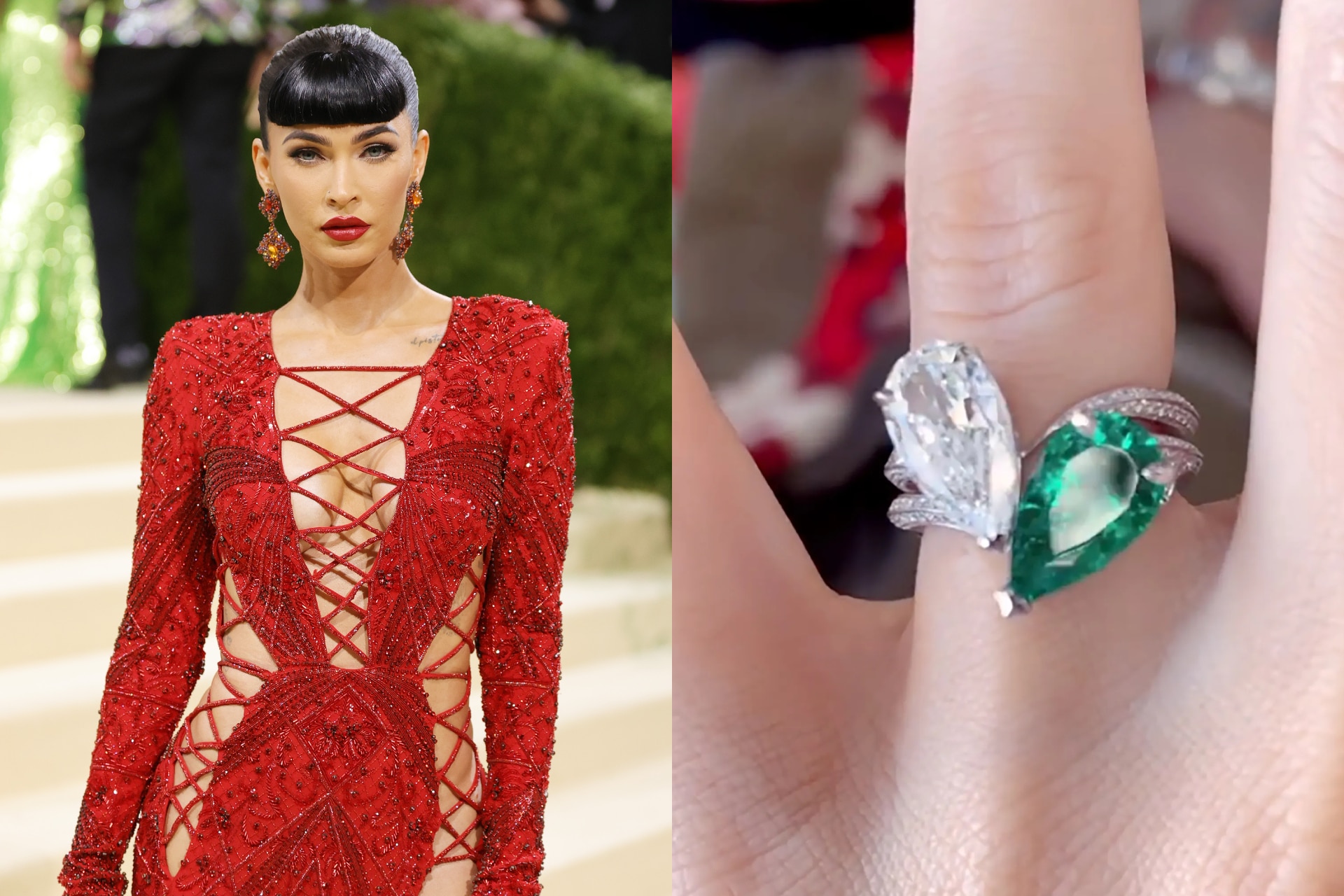 <h3><b>Megan Fox&nbsp;</b></h3><p>Custom designed by her fianc&eacute;e Machine Gun Kelly, Megan Fox stated that her toi et moi ring, made up of a teardrop-shaped Colombian emerald and diamond&mdash;stones corresponding to Fox and Kelly&rsquo;s birthstones&mdash;represented &ldquo;two halves of the same soul forming the obscure heart that is our love.&rdquo;</p>