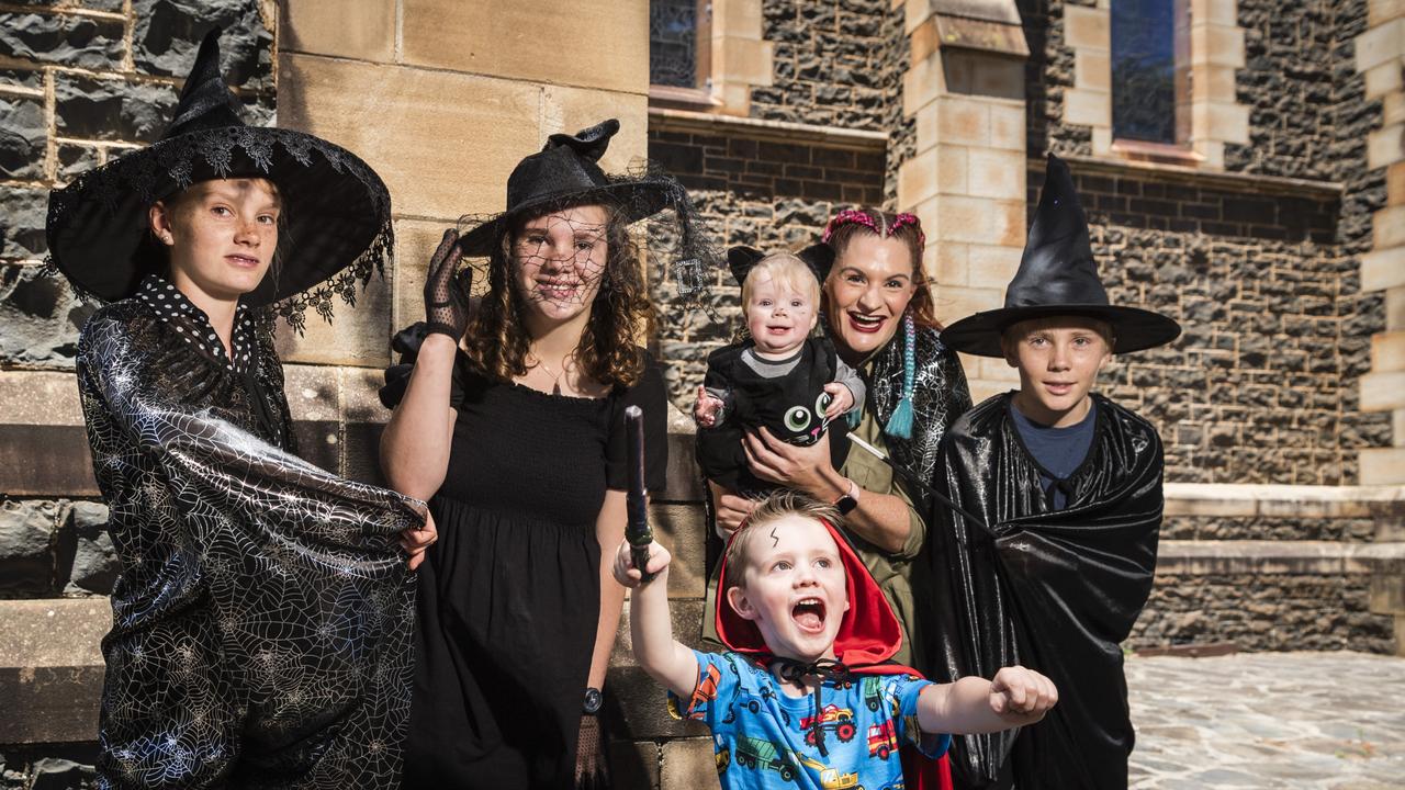 Dressed for fun are (from left) Liobhan Boyle, Sinead Boyle, Peyton Willmot, baby Primrose Willmot, Amber Willmot and Tayghan Boyle to play the Witchcraft and Wizardy CluedUpp game in the Toowoomba CBD. Picture: Kevin Farmer