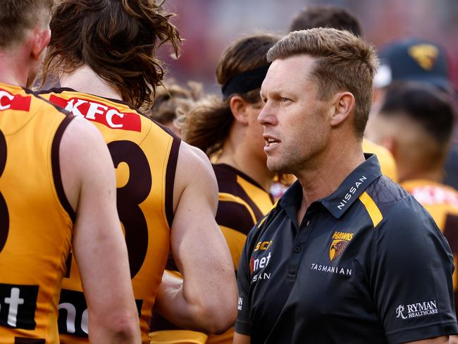 Sam Mitchell laments Hawthorn’s poor centre clearance work. Picture: Getty Images