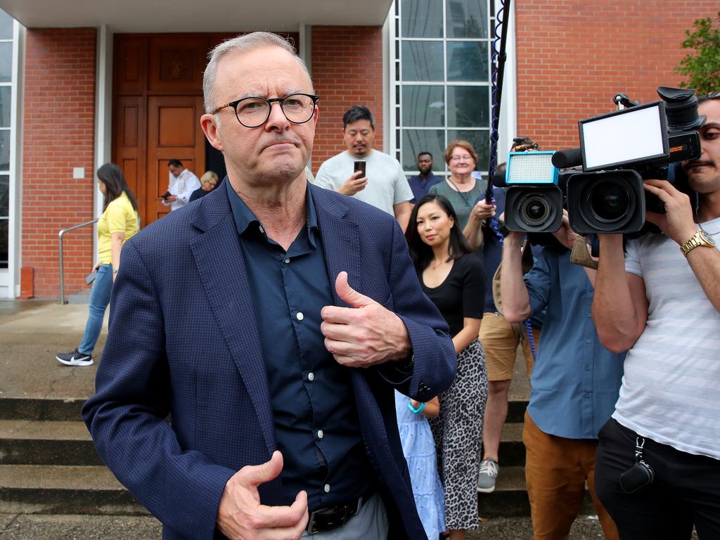 Anthony Albanese and partner Jodie Haydon attended an Easter Sunday service at St Monica’s Cathedral in Cairns. Picture: Toby Zerna