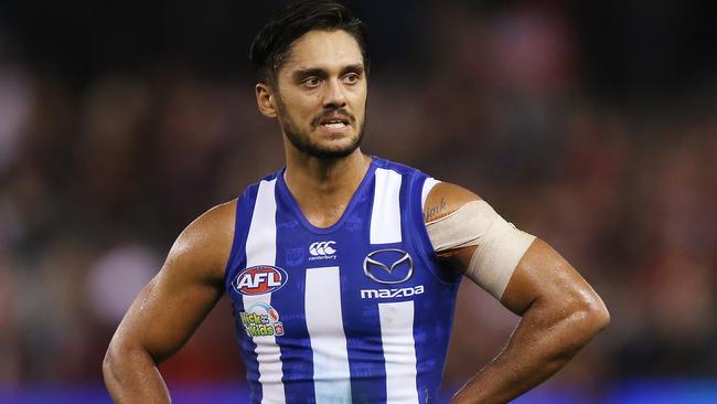 MELBOURNE, AUSTRALIA - APRIL 19: Aaron Hall of the Kangaroos looks dejected after defeat during the round 5 AFL match between North Melbourne and Essendon at Marvel Stadium on April 19, 2019 in Melbourne, Australia. (Photo by Michael Dodge/Getty Images)