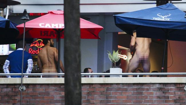 Strip club... Naked Bulldogs players at the Harbour View Hotel. Picture: Justin Lloyd.