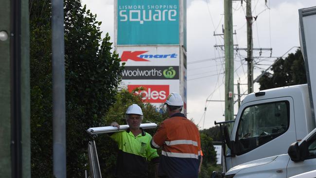 Interstate and local tradies from the building arm of McConaghy Properties working on internal fit outs of the Lismore Square. Picture Cath Piltz