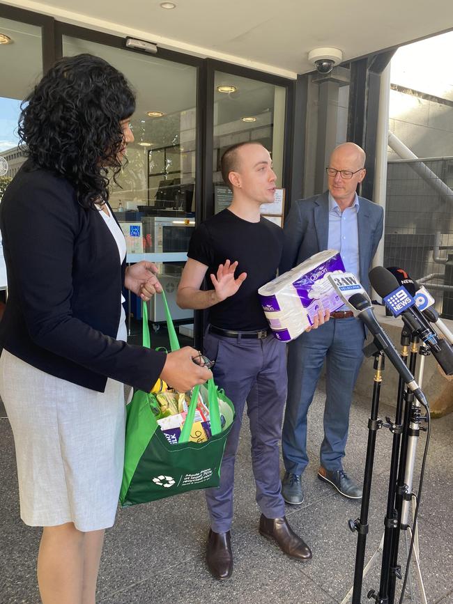 Victorian Greens MP arriving at Parliament with a bag of Woolies groceries. Picture: Carly Douglas