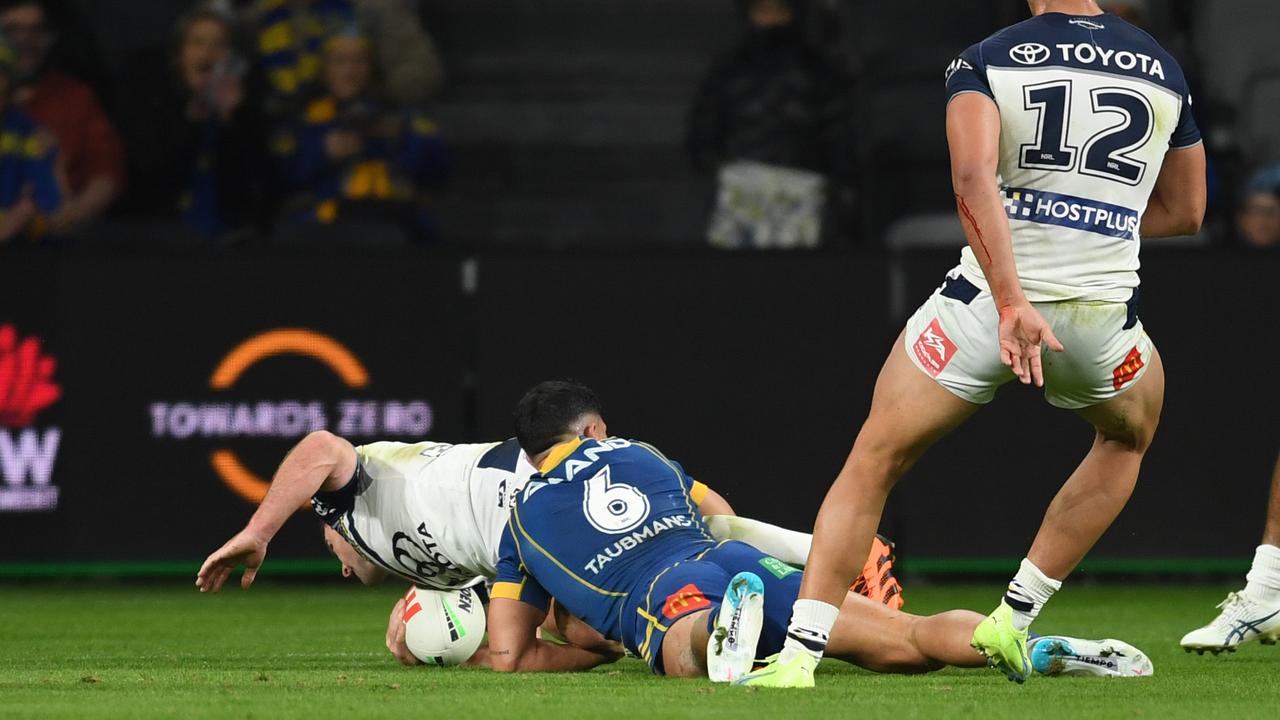 Dylan Brown produced one of the try-savers of the year, coming out of nowhere to stop Chad Townsend just metres out from the try-line. Picture: NRL Imagery.