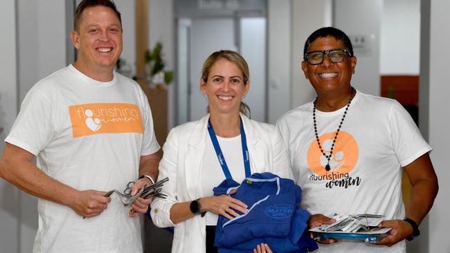 Pacific Islands International managing director Ashley Finn, Mater Hospital general manager Stephanie Barwick and Flourishing Women charity director Professor Ajay Rane with surgical equipment bound for PNG. Picture: Evan Morgan