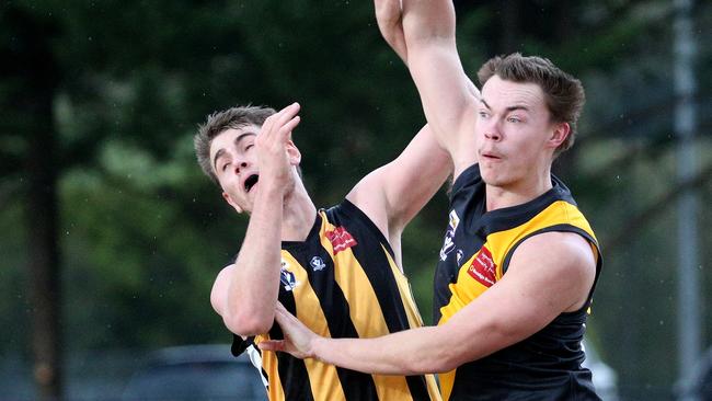 Liam Beacom (left) was again one of Upwey Tecoma’s best. Picture: Hamish Blair