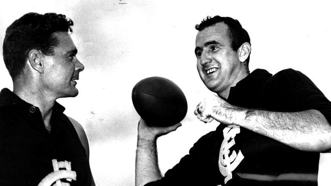 Carlton coach Ron Barassi, pictured in 1966 with American footballer Colin Ridgway, helped introduce the centre square rule.