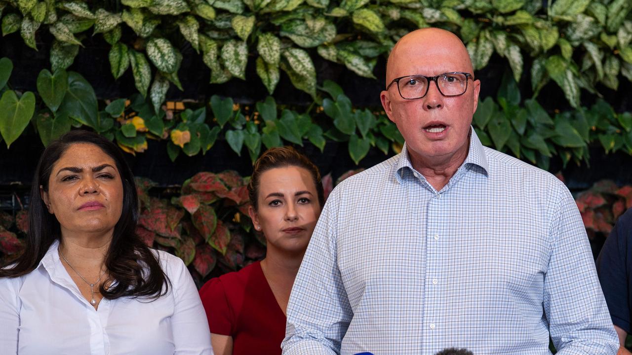 NT Senator Jacinta Nampijinpa Price, NT Opposition Leader Lia Finocchiaro, Federal Opposition Leader Peter Dutton and CLP candidate Clinton Howe doorstop in Darwin after a roundtable to discuss crime in the NT. Picture: Pema Tamang Pakhrin