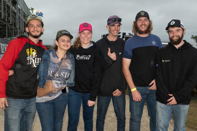 Michael Marin, Anna- Marie Zammit, Bridey Attard, Casey Kennedy, Lachlan Kennedy and Will McVeigh at the PBR Bull Pit Bull Bash at Dittmann Bucking Bulls in Bloomsbury. August 27, 2022. Picture: Michaela Harlow