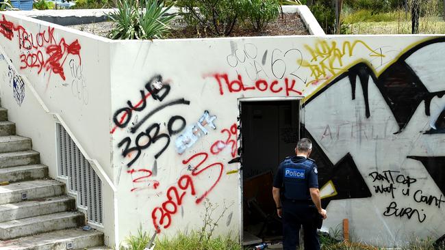 Police inspect the trashed Ecoville Community centre, Tarneit. Picture: Nicole Garmston