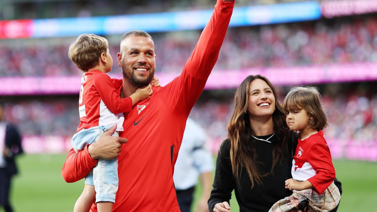 Franklin, wife Jesinta and their children during a lap of honour at the SCG on August 27, 2023. (Photo by Matt King/AFL Photos/via Getty Images )