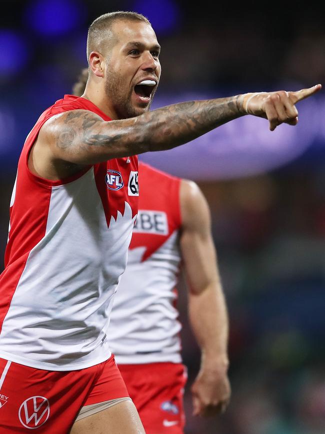 Franklin celebrates a first-quarter goal. Pictures: AFL Photos/via Getty Images