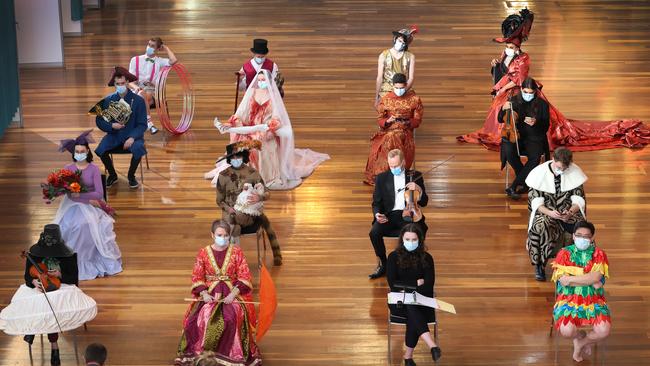 Melbourne Symphony Orchestra and other performing artists wait for their Covid vaccine. Picture: David Caird