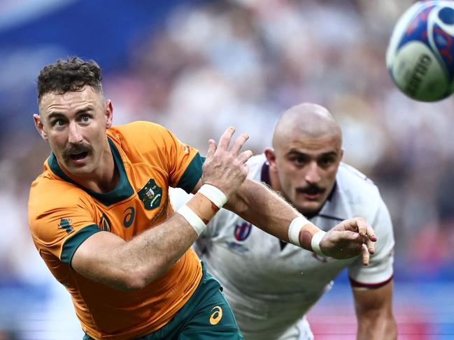 Australia's scrum-half Nic White passes the ball during the France 2023 Rugby World Cup Pool C match between Australia and Georgia at Stade de France in Saint-Denis, on the outskirts of Paris, on September 9, 2023. Picture: Anne-Christine Poujoulat/AFP.