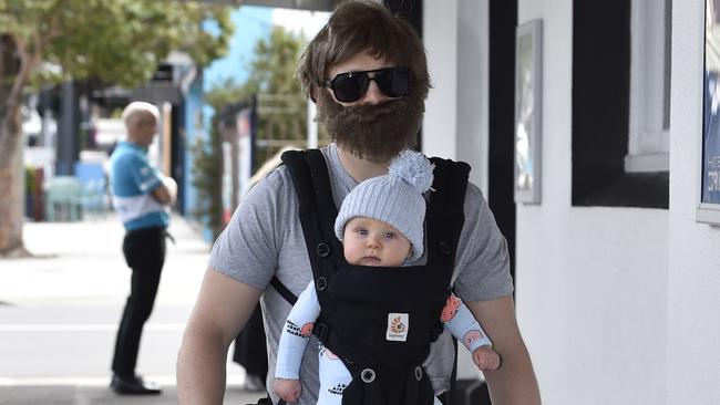 Gary Ablett brought baby son Carlos (aka Levi) from The Hangover. Picture: Alan Barber