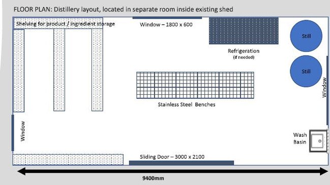 The floor plan for the Eukey distillery indicates it will be self-contained in a room off the existing farm shed. Picture: via SDRC
