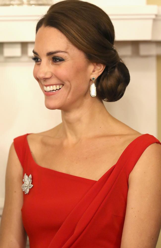 The sparkling maple leaf diamond brooch given to her by the Queen to wear for the visit.