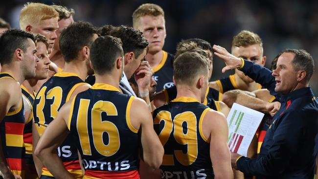 Don Pyke speaks to the Crows players in the loss to Geelong this season. Picture: Julian Smith (AAP).