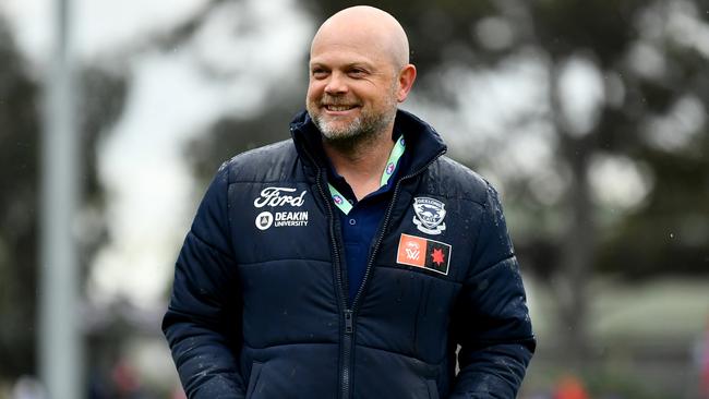 Dan Lowther at the Cats’ most recent game against North Melbourne. (Photo Josh Chadwick/AFL Photos/via Getty Images)