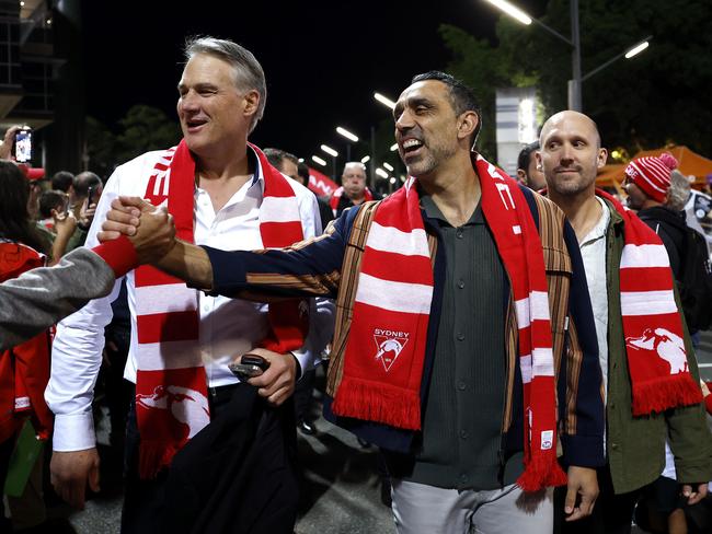Jason Ball, Goodes and Luke Ablett during the march to the ground. Picture: Phil Hillyard