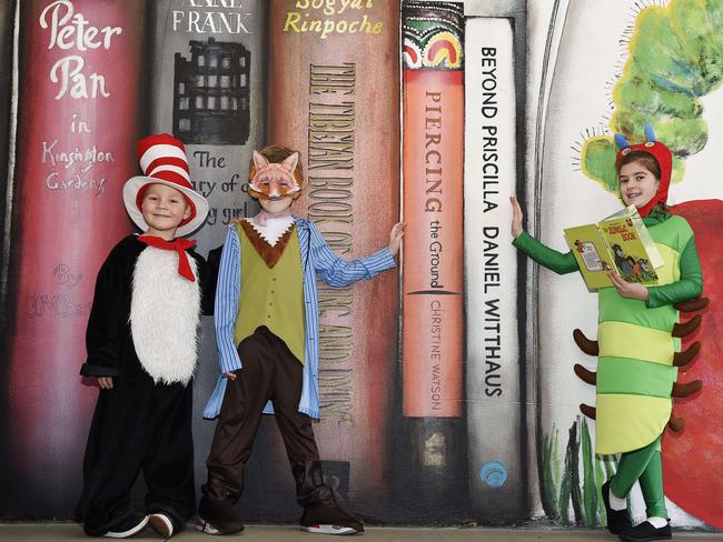 Braxton, Ollie and Charlie get in character in Getcha Gearon Costumes for Book Week dress ups. Picture: Alan Barber