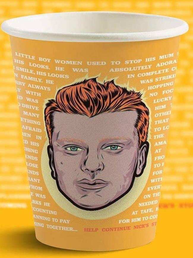 The Unmissables campaign by the Missing Persons Advocacy Network this year saw Nick’s image printed on coffee cups nationally. Picture: Supplied