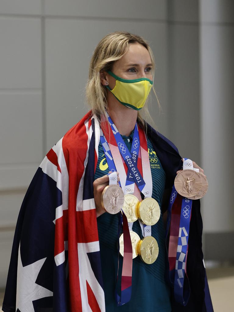 Emma McKeon with all her medals. Picture: Alex Coppel.