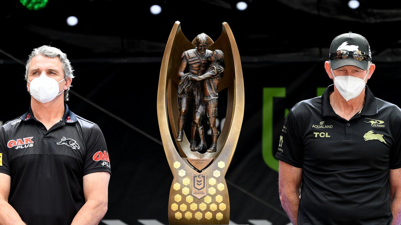 BRISBANE, AUSTRALIA - OCTOBER 01: Coach Ivan Cleary of the Panthers and Coach Wayne Bennett of the Rabbitohs are paraded in front of the fans during the NRL Grand Final Fan Fest at King George Square on October 01, 2021 in Brisbane, Australia. (Photo by Bradley Kanaris/Getty Images)