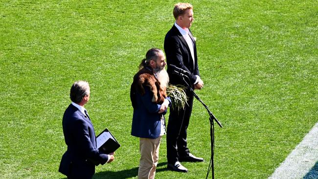 Uncle Colin Hunter Jnr performs the Welcome to Country during the AFL Grand Final match on September 28. Picture: AFL Photos/Getty Images