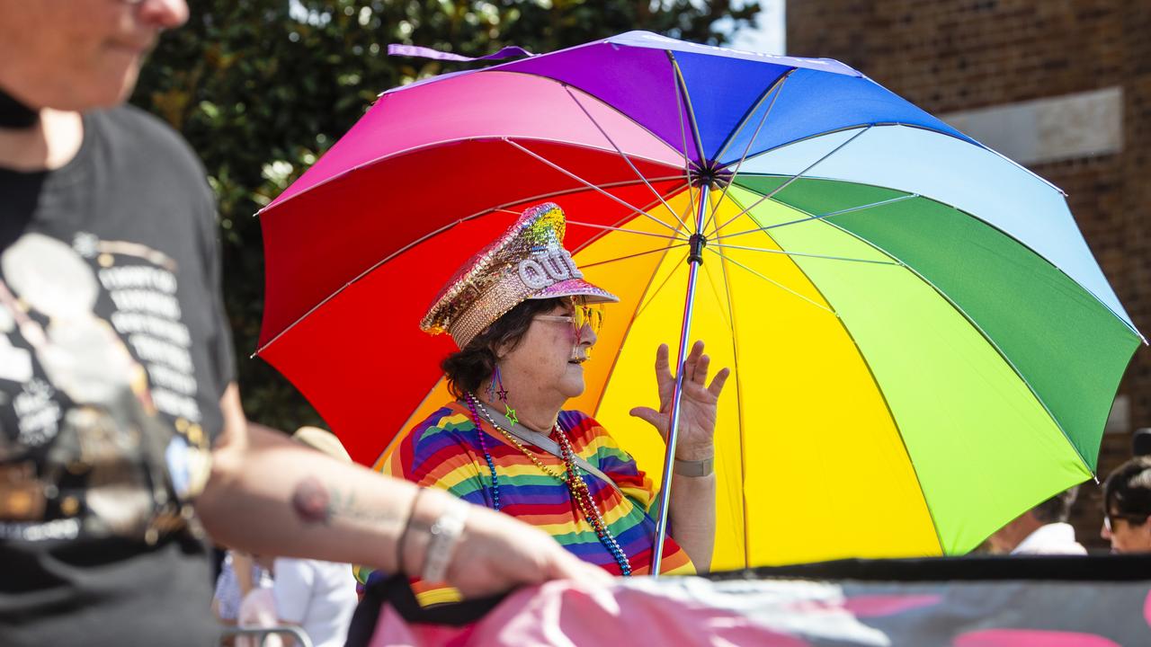 Bee Barton walks with the Pride float in the Grand Central Floral Parade of Carnival of Flowers 2022, Saturday, September 17, 2022. Picture: Kevin Farmer