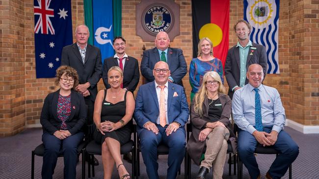 Lismore City Council 2024, Cr Andrew Gordon, back left, Cr Harper Dalton-Earls, Cr Andrew Bing, Cr Virginia Waters and Cr Adam Guise. Cr Jasmine Knight-Smith, bottom left, Cr Jeri Hall (Deputy Mayor), Mayor Steve Krieg, Cr Electra Jensen, and Cr Gianpiero Battista. Absent Cr Big Rob.