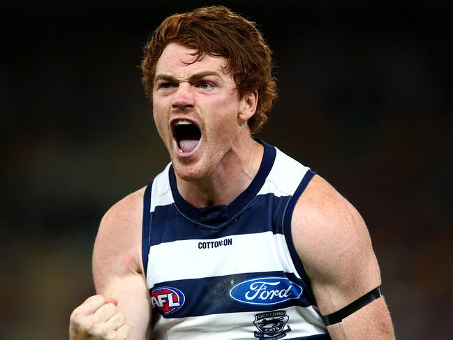 BRISBANE, AUSTRALIA - OCTOBER 17: Gary Rohan of the Cats celebrates a goal during the AFL 2nd Preliminary Final match between the Brisbane Lions and the Geelong Cats at The Gabba on October 17, 2020 in Brisbane, Australia. (Photo by Jono Searle/AFL Photos/via Getty Images)