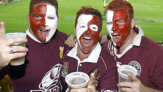 NEWS SPORT BCM 6/7/05 State of Origin game III Qld vs NSW at Suncorp Stadium .  Maroons fans Chris Schaumburg , Terry Curran and Garrett Willder . PicPeterWallis