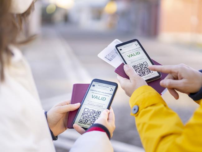 Friends checking their digital international certificates of COVID-19 Vaccination, standing on the street, wearing a FFP2 Mask, holding boarding passes and pasportscredit: iStockescape30 may 2021doc holiday