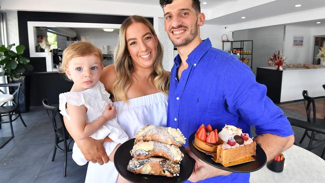 Cafe Sisily has been voted as the best cafe on the Sunshine Coast. Owners, Giuliana Steppa and Paolo Valvoletti with daughter Eliana. Picture: Patrick Woods.