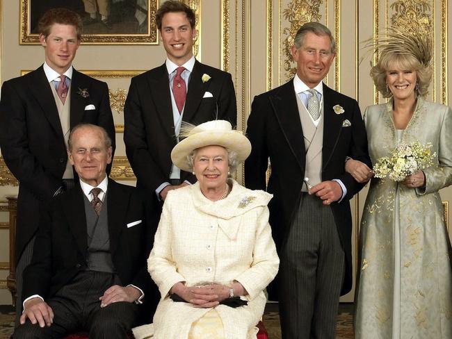 Charles, The Prince of Wales and his new bride Camilla, Duchess of Cornwall (C), with Prince Harry, Prince William, Prince Philip, Duke of Edinburgh and Queen Elizabeth II in 2005. Picture: Supplied