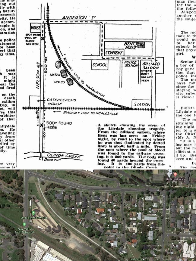 A map of the 1925 crime scene, and how the area looks today. Pictures: Trove, GoogleA map of the 1925 crime scene, and how the area looks today. Pictures: Trove, Google