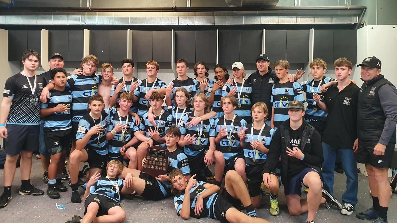 Maroochydore Swans U15s rugby union side celebrate winning their third premiership in a row. Picture: Contributed.