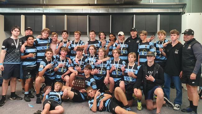 Maroochydore Swans U15s rugby union side celebrate winning their third premiership in a row. Picture: Contributed.